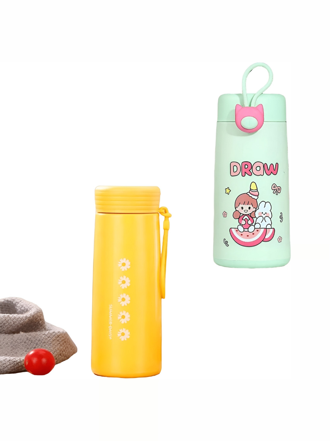 WELOUR Yellow & Green Pack of 2 Printed Glass Water Bottle 400 ml