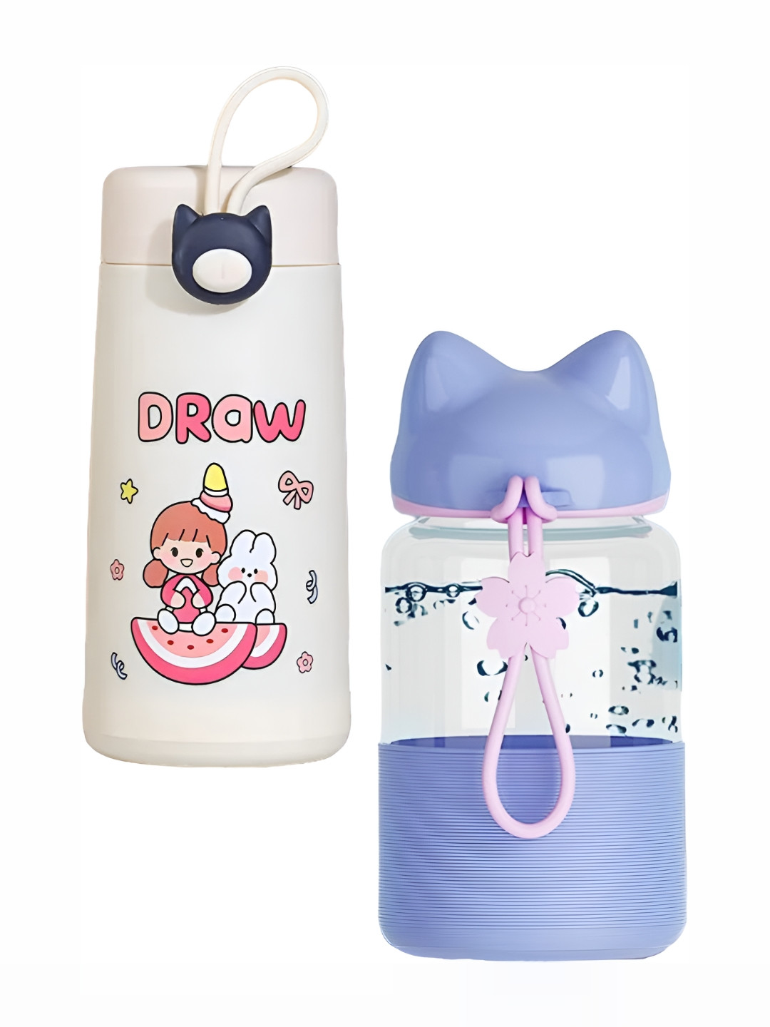 WELOUR Blue & White 2 Pieces Printed Glass Water Bottles 340ml Each