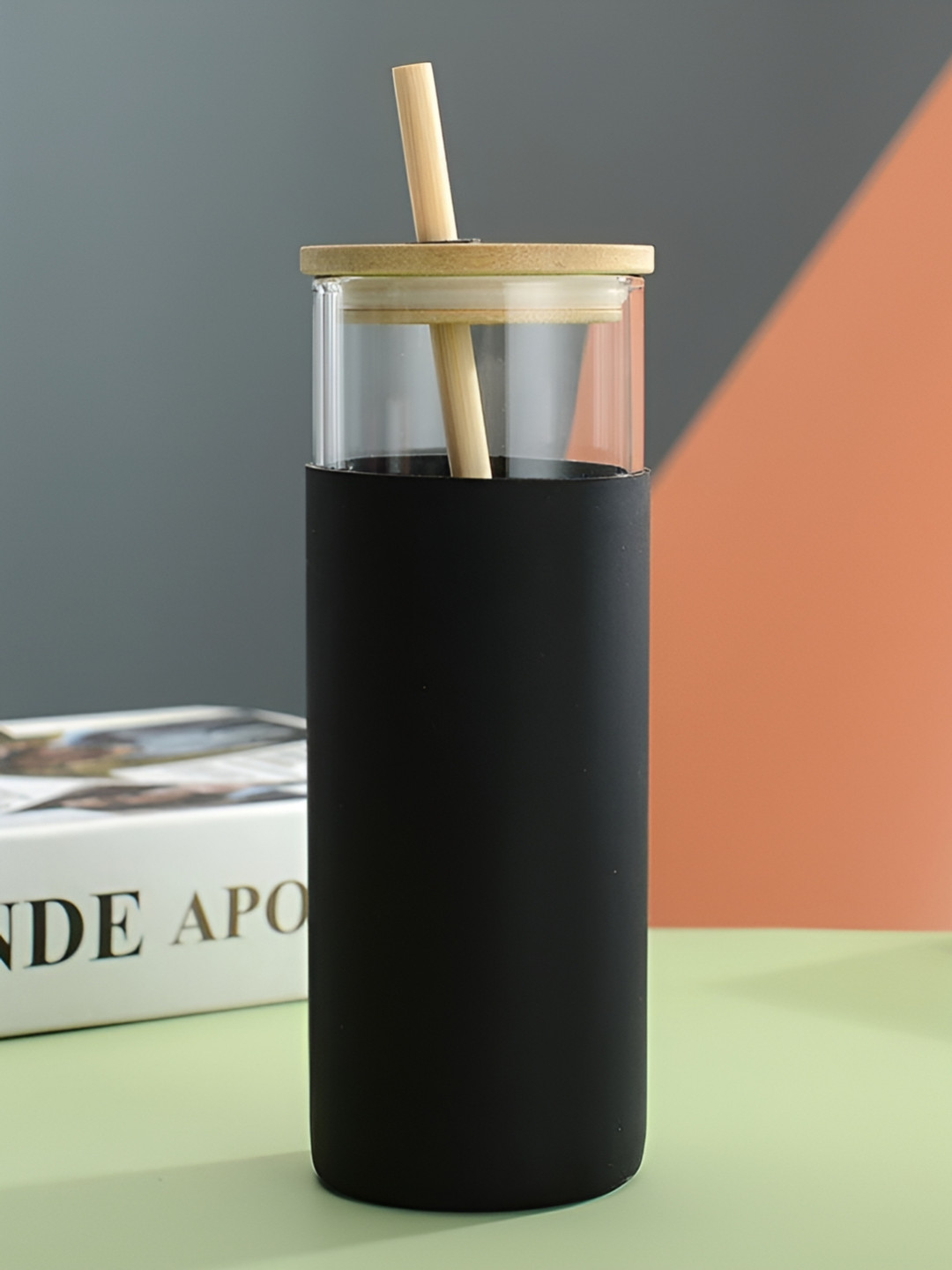 WELOUR Black and Transparent Glass Water Bottle 480 ml