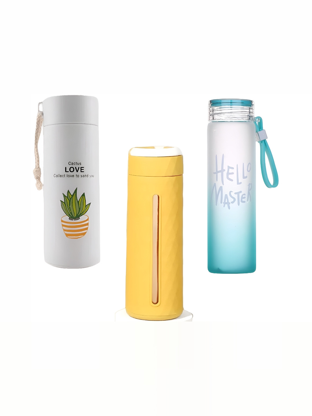 WELOUR Blue & Yellow 3 Pcs Typography Printed Glass Water Bottles 500 ml