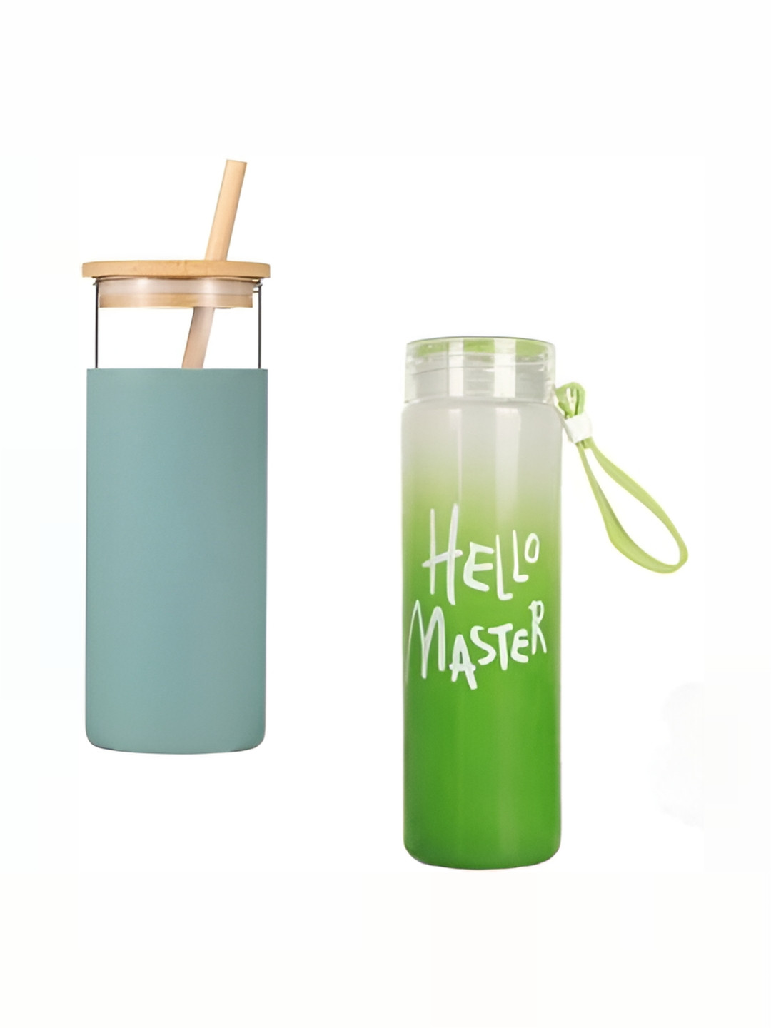 WELOUR Green and Transparent 2 Pieces Glass Water Bottle 500 ml each