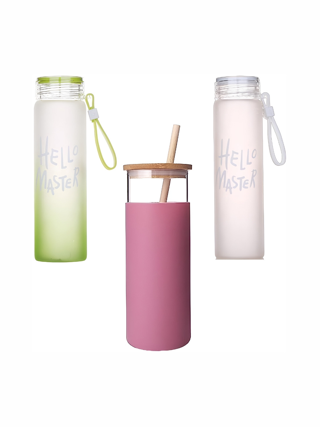 WELOUR Pink & Green 3Pcs Printed Glass Water Bottles 500ml Each