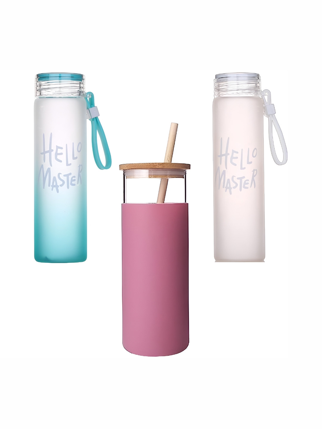 WELOUR Blue & White 3Pcs Printed Glass Water Bottles 500ml Each