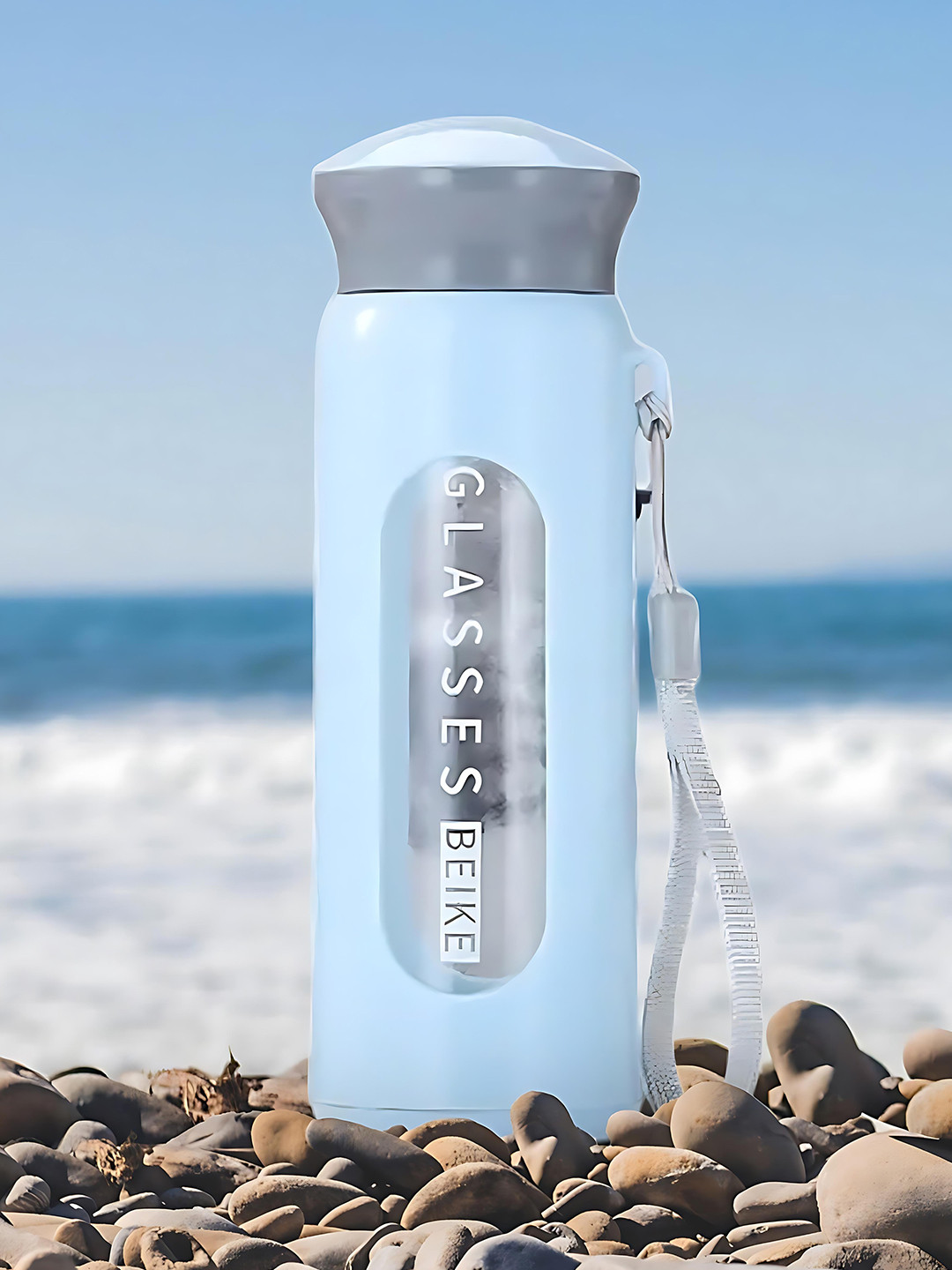 WELOUR Blue and Grey Glass Water Bottle 380 ml