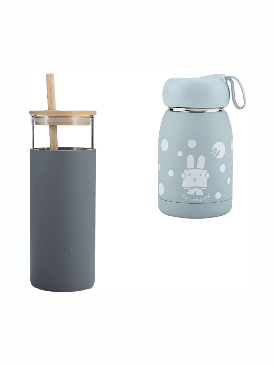 WELOUR Grey & White 2 Pieces Cartoon Characters Printed Glass Water Bottles 500 ml