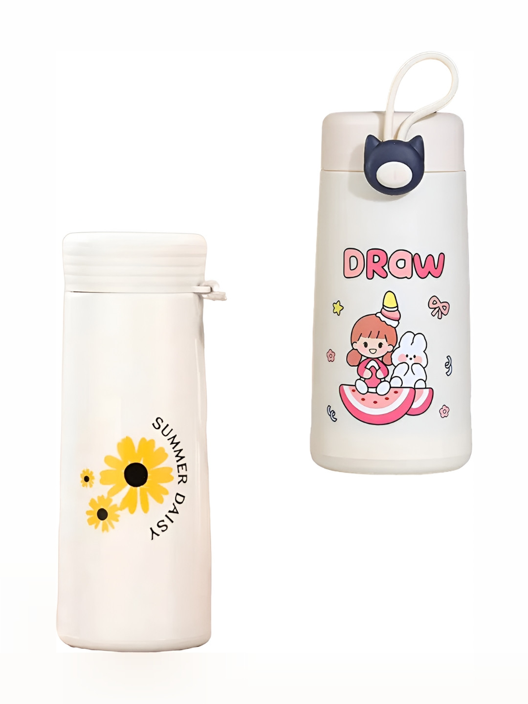 WELOUR White & Pink 2 Pieces Cartoon Characters Printed Glass Water Bottles 400 ml