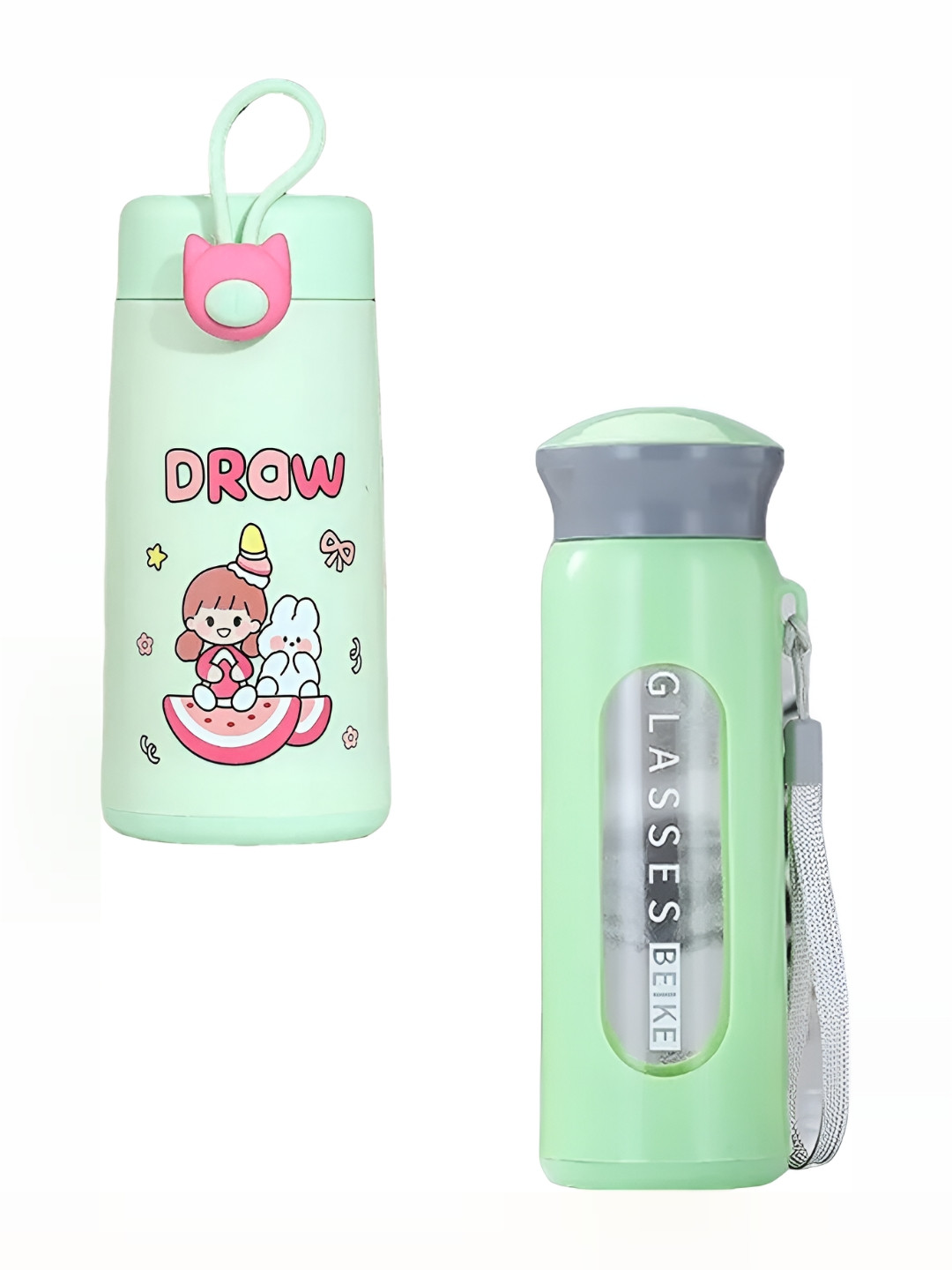 WELOUR Sea Green Set of 2 Glass Water Bottle 400 ml