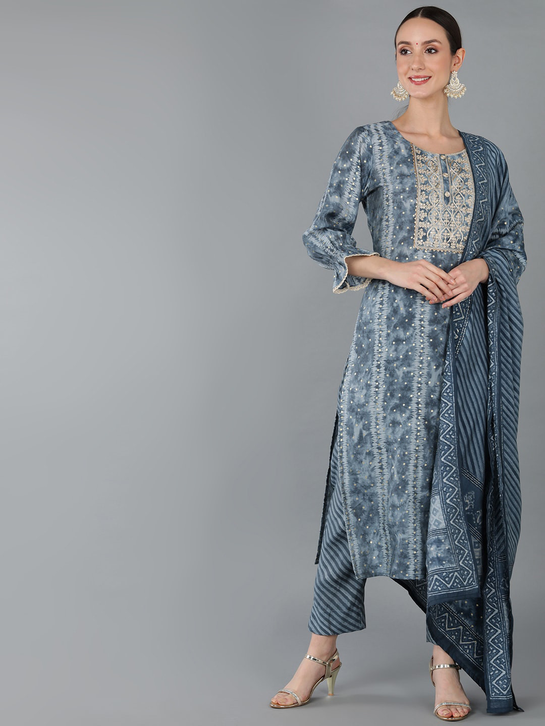 AHIKA Charcoal Abstract Printed Regular Thread Work Kurta with Trousers & With Dupatta