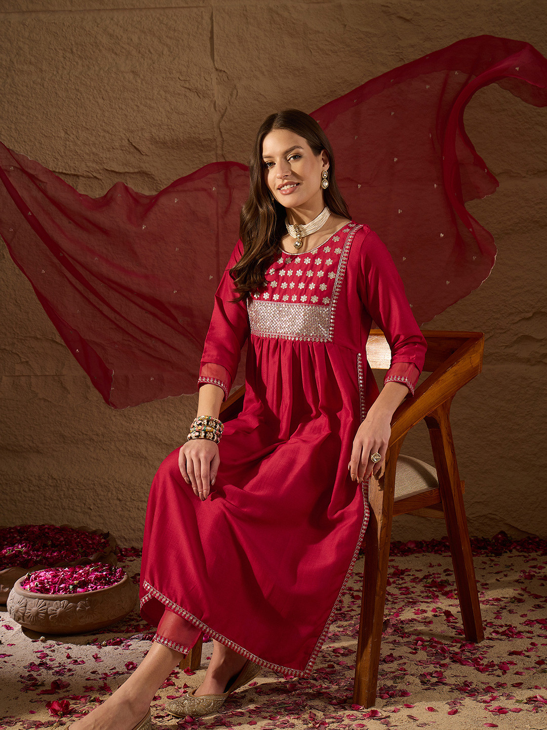 AHIKA Red Ethnic Motifs Yoke Design Sequinned Detail A-Line Kurta & Trouser With Dupatta
