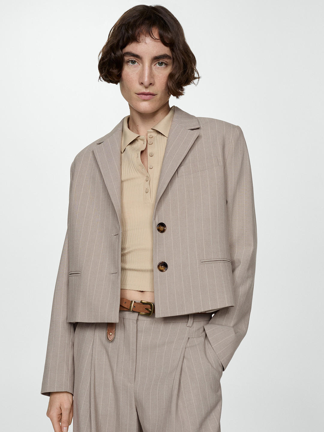 MANGO Single-Breasted Notched Lapel Striped Crop Blazer