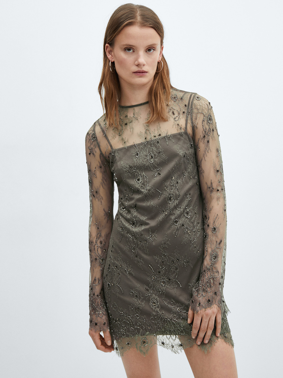 MANGO Embellished Mesh Mini Dress