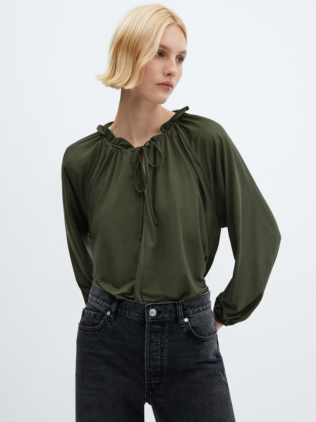 MANGO Round Neck Ruffle Detail Top
