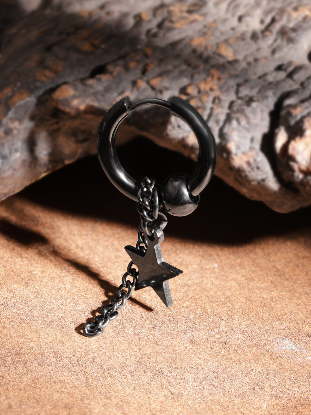 The Roadster Lifestyle Co. Men Black Rhodium-Plated Star Shaped Hoop Earrings