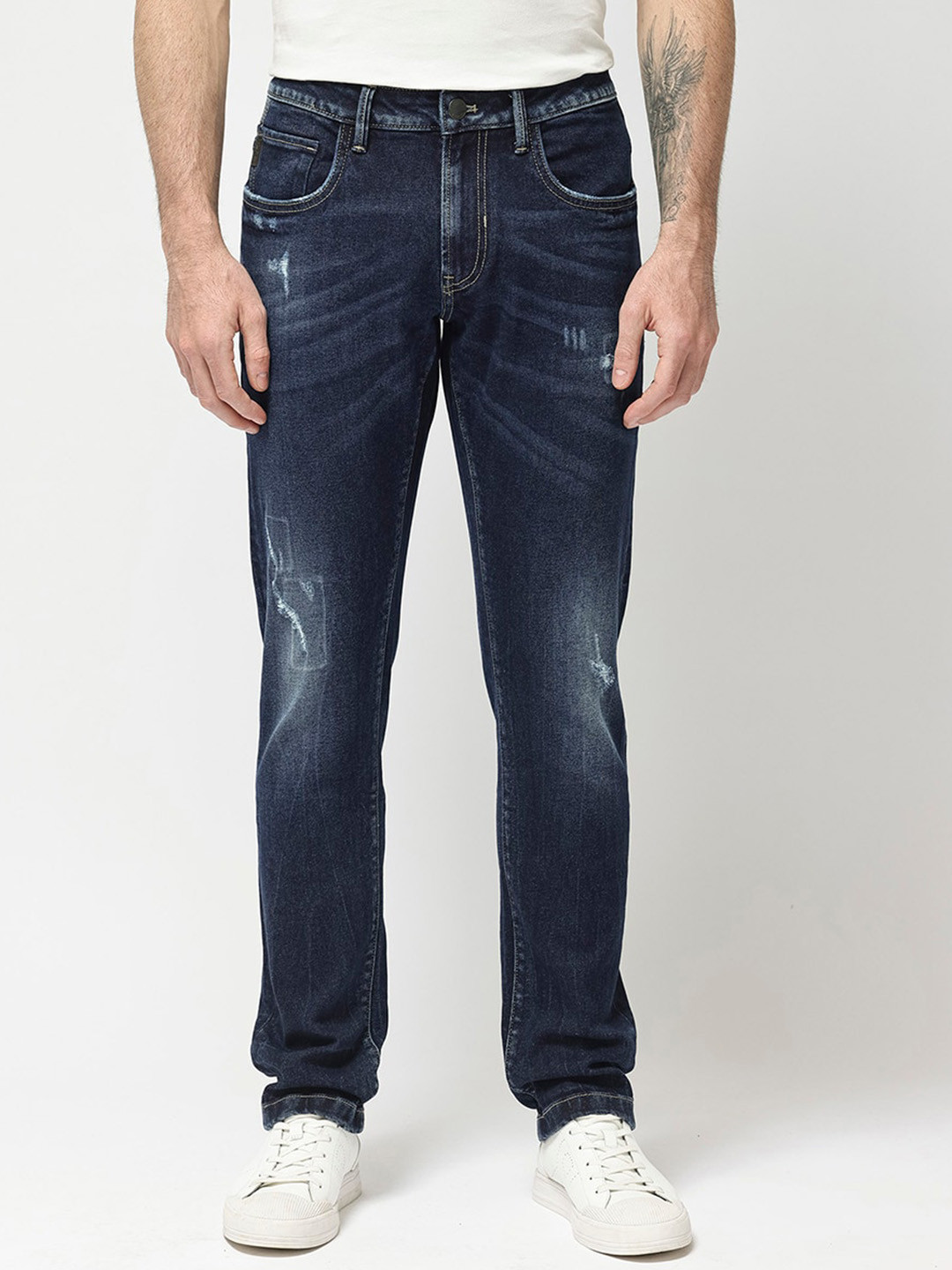 RARE RABBIT Men Dili Medium Distress Dark Wash Stretchable Jeans