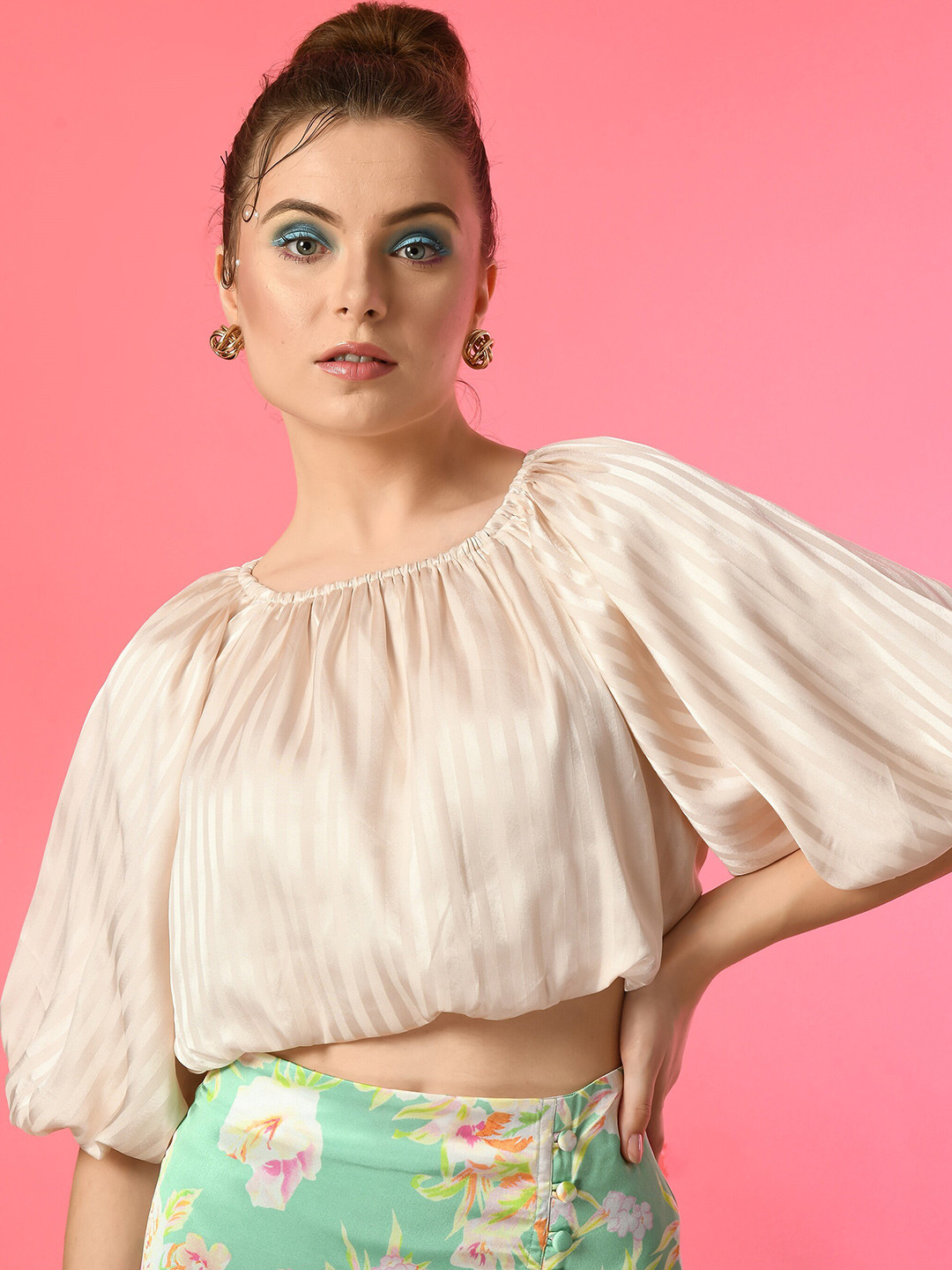 Fuchsia  Striped Puff Sleeve Blouson Crop Top