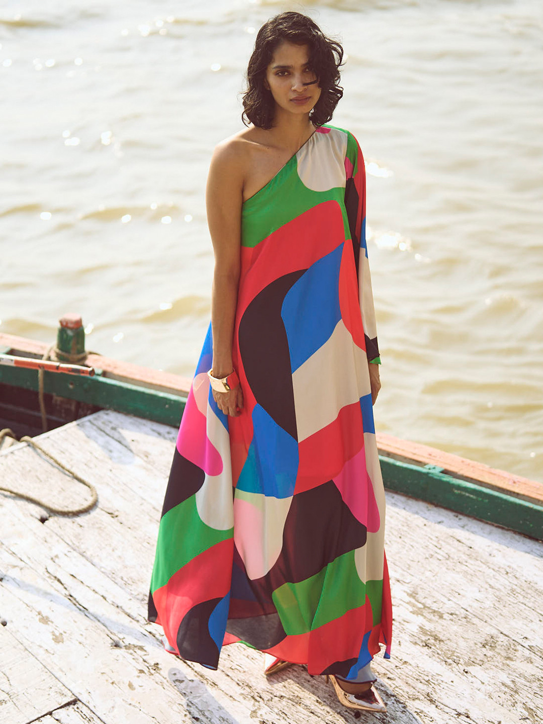Dash and Dot Abstract Printed One Shoulder Maxi Dress