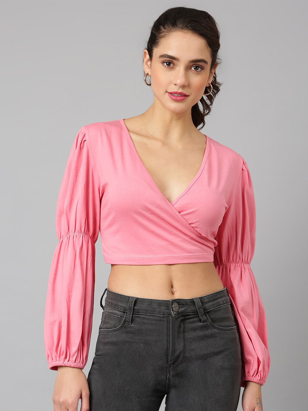 ANAI Puff Sleeve V-Neck Cotton Wrap Crop Top