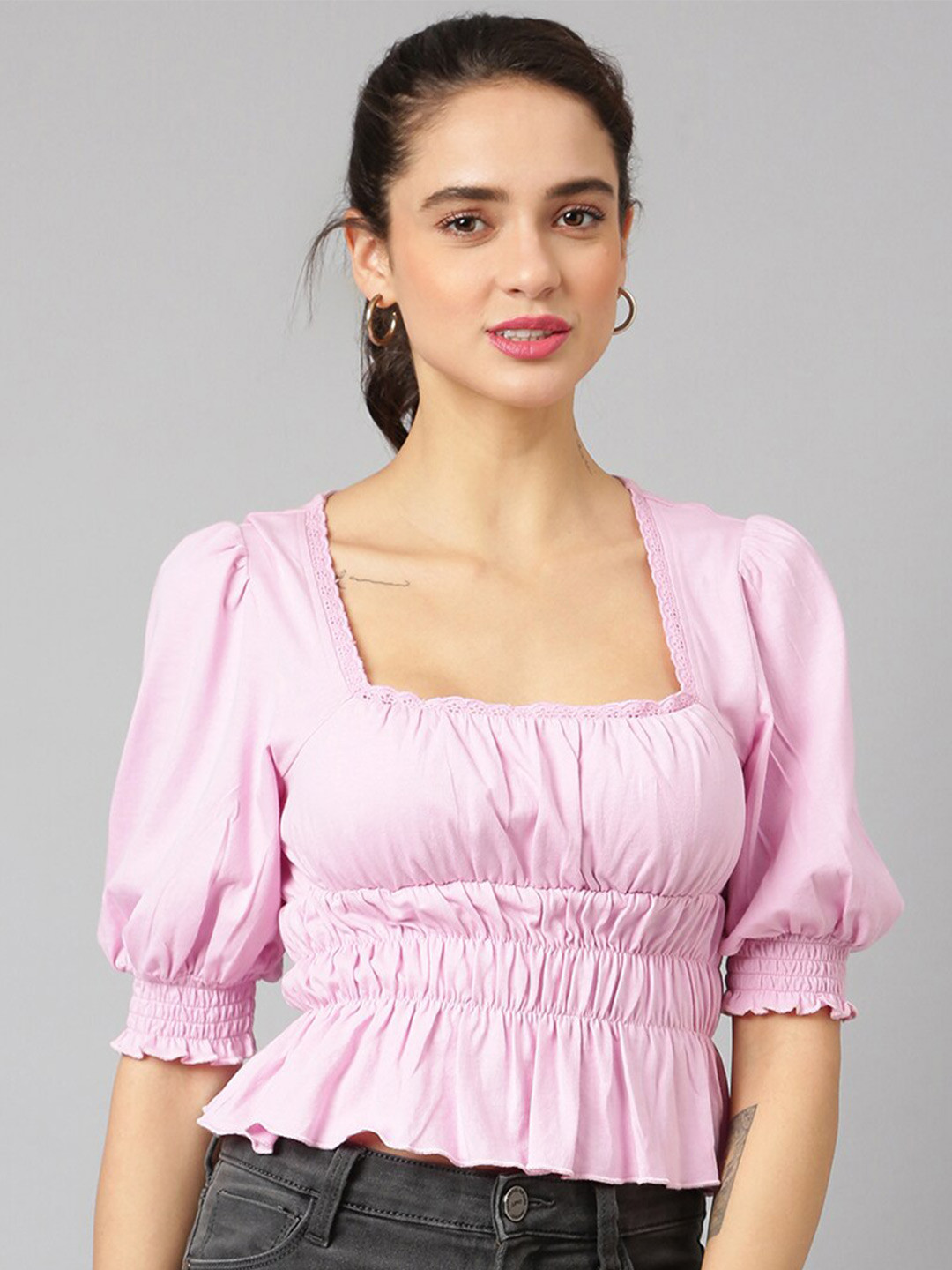 ANAI Puff Sleeve Square Neck Cotton Cinched Waist Crop Top