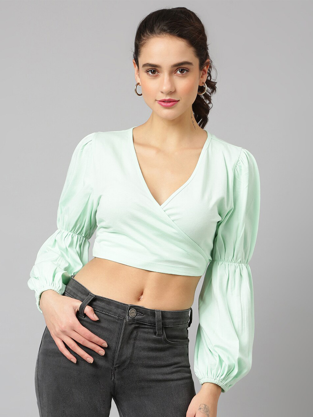 ANAI V-Neck Puff Sleeves Cotton Fitted Crop Top