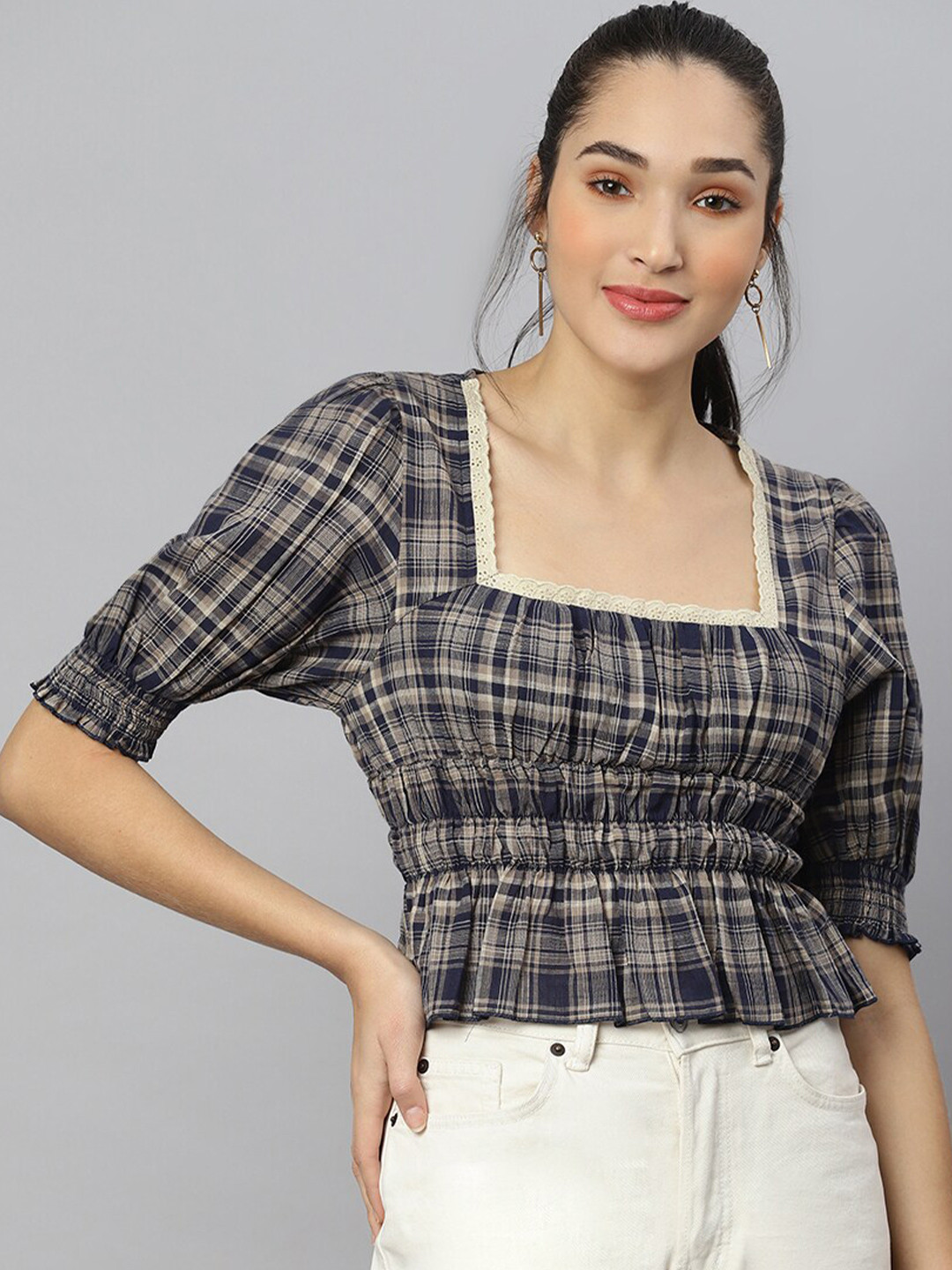 ANAI Checked Puff Sleeves Square Neck Lace Detail Gathered Cotton Blouson Top