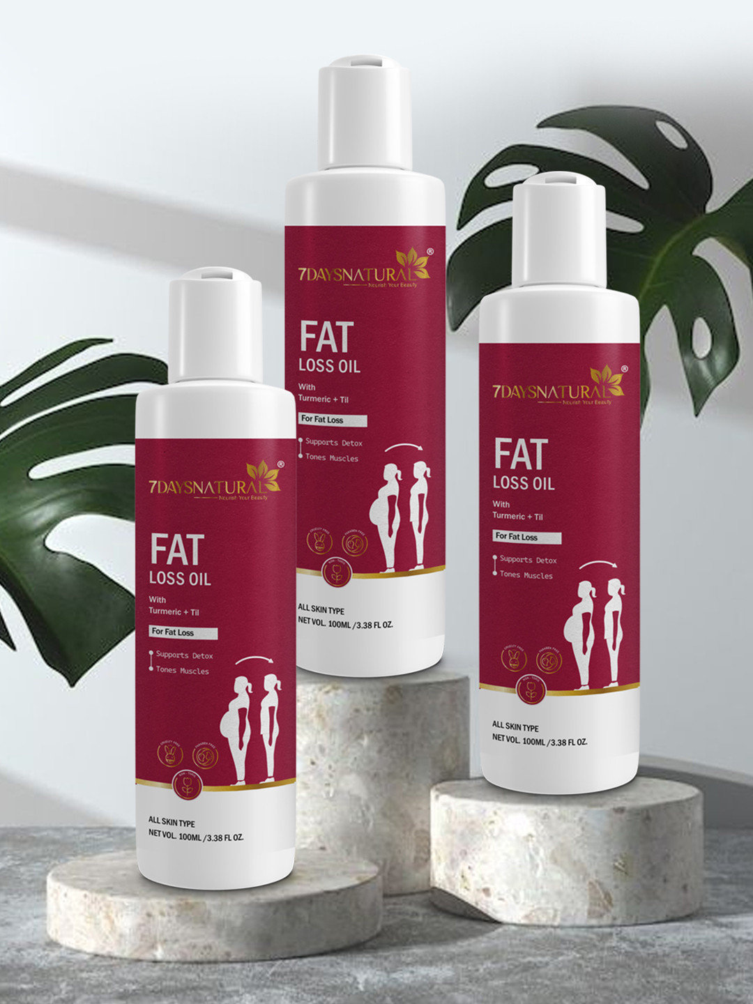 7DAYSNATURAL Set Of 3 Feel Of Nature Anti-Cellulite Tones Skin Fat Loss Oil - 100ml Each
