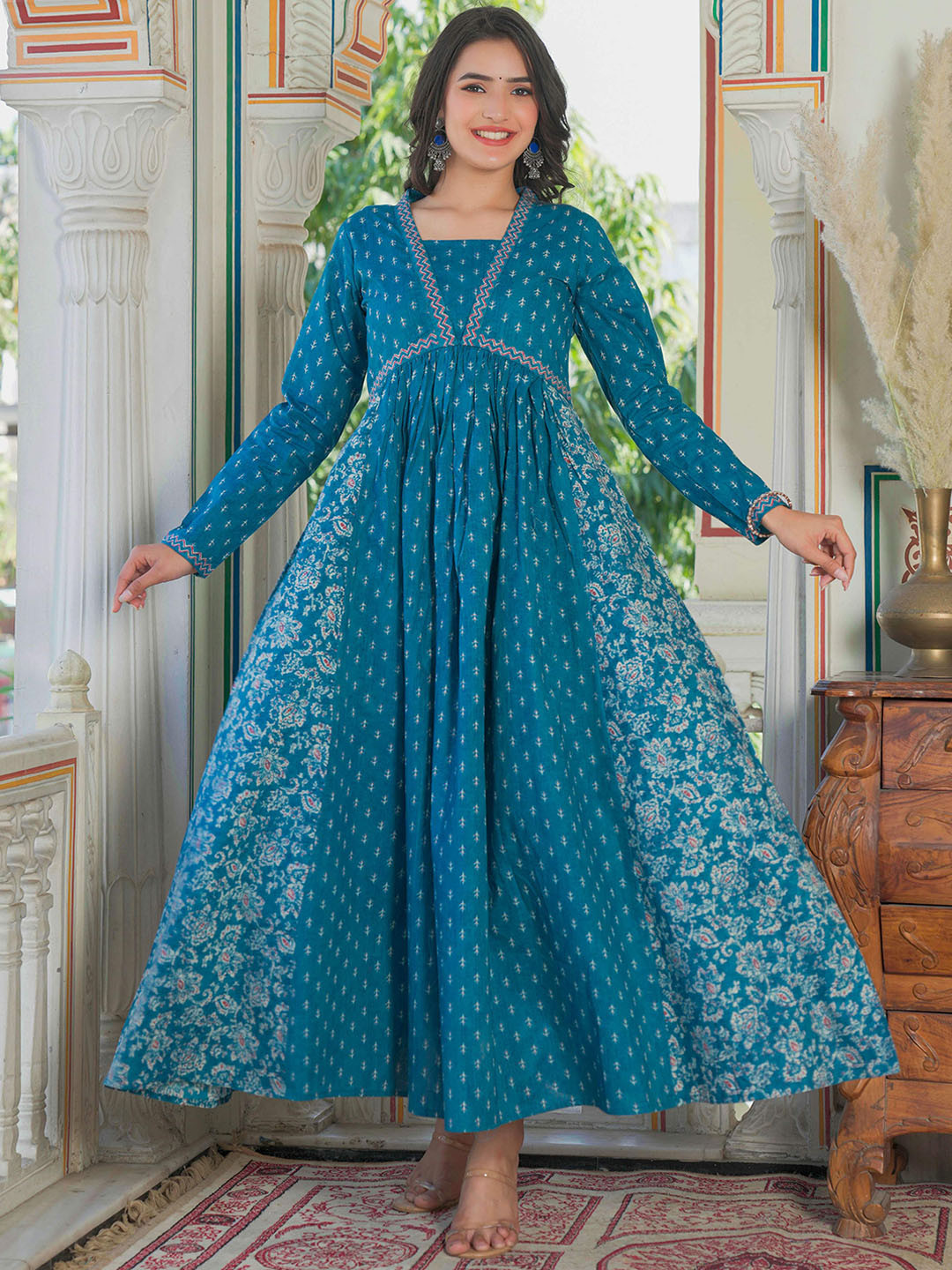 Vbuyz Womens Cotton Aqua Blue Anarkali Kurta with Floral Print V-Neck Kurta