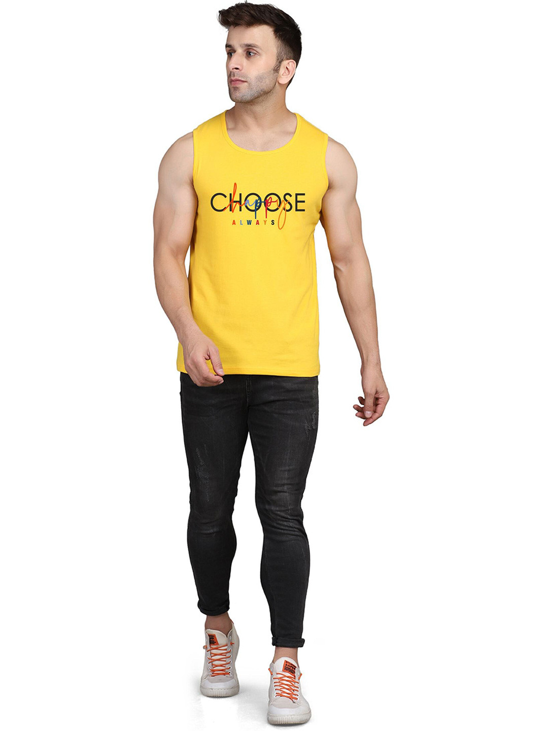 SLOWLORIS Round Neck Printed Sleeveless Cotton T-shirt