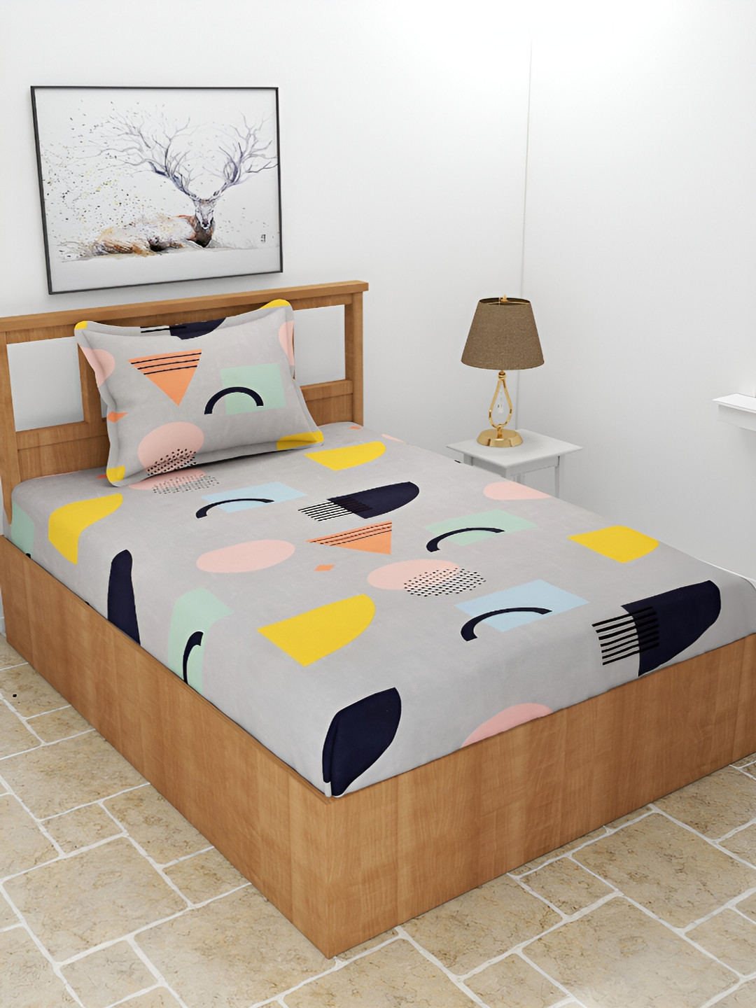 MORADO Grey Geometric Polycotton Wrinkle Free 210 TC Single Fine Bedsheet with a Pillow Cover-90 x 60 inches