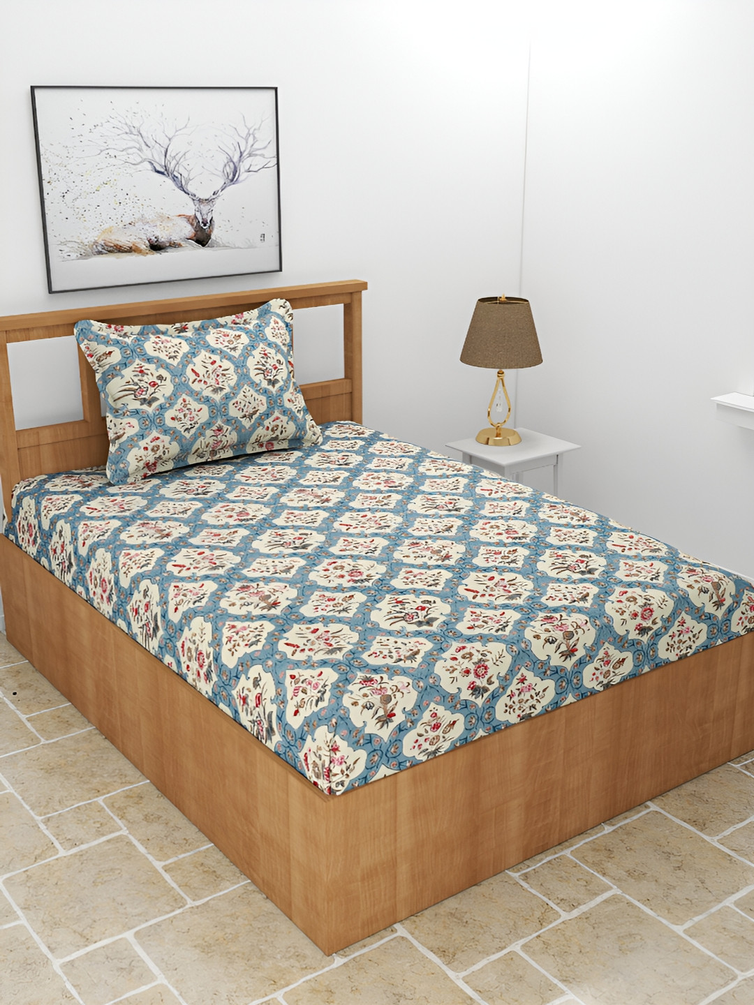 MORADO Sea Green Floral Polycotton 210 TC Single Fine Bedsheet with a Pillow Cover-90 x 60 inches