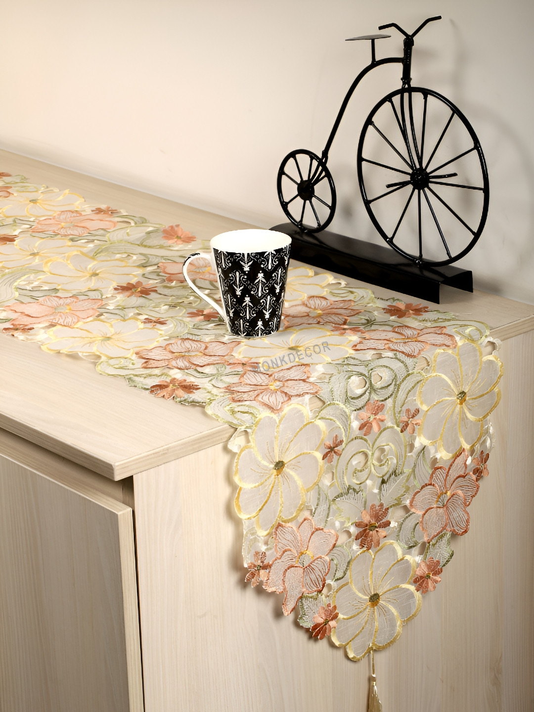 TANLOOMS Brown & Yellow Floral Embroidered Table Runner