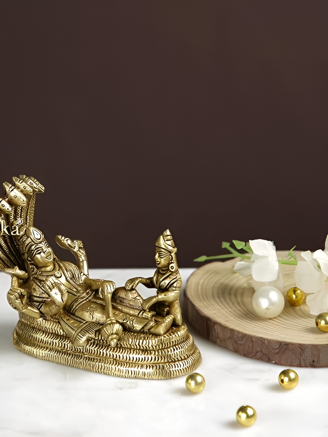 CraftVatika Resting Lord Vishnu with Goddess Laxmi Sitting on Sheshnag Gold Brass Metallic Prayer Room Medium Showpiece - 9.3 Inches