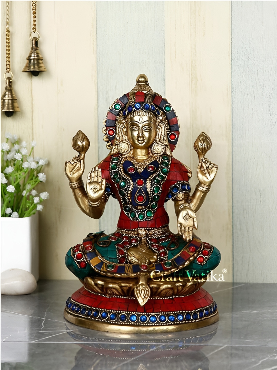 CraftVatika Maa Lakshmi Gold Brass Metallic Prayer Room Hand Made Medium Showpiece - 6 Inches