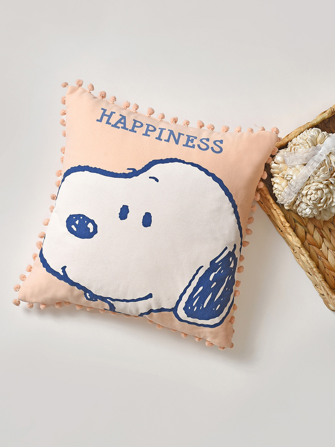 MiArcus Peanuts Snoopy Printed Premium Soft Cushion for Kids - Peach (35x35 cm)