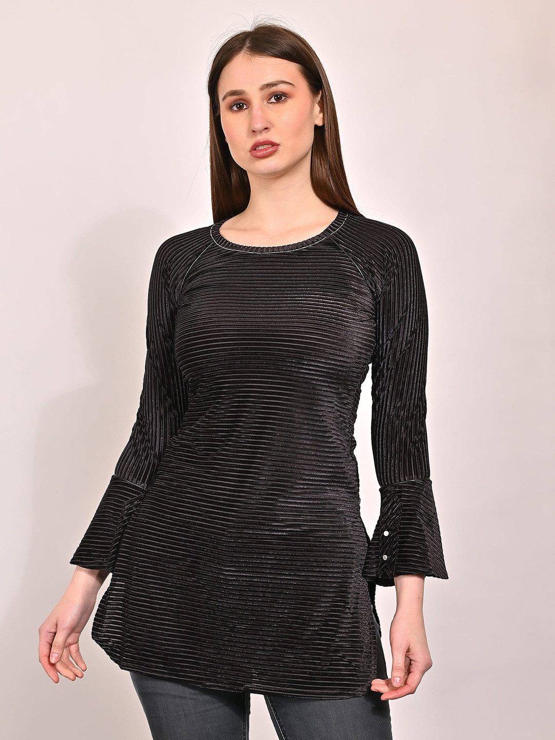 NoBarr Round Neck Striped Bell Sleeve Top