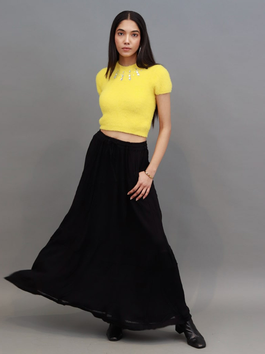Yellow Round Neck Puff Sleeve Crop Top