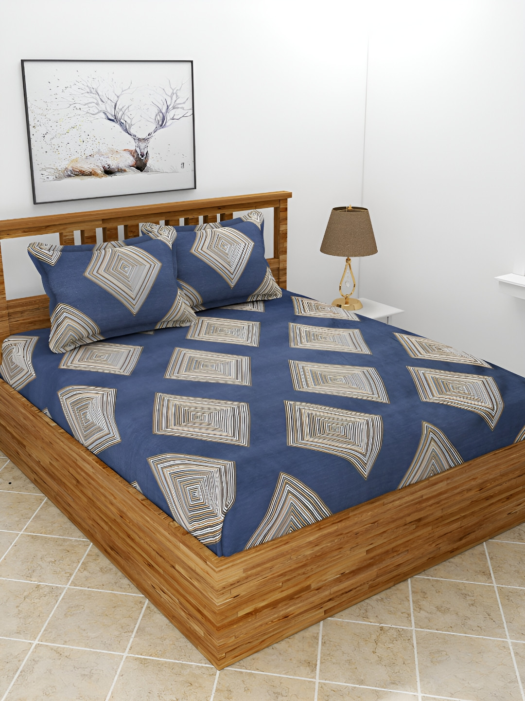 MORADO Maple Blue Geometric Polycotton Skin-Friendly 210 TC Queen Fine Bedsheet with 2 Pillow Covers-100 x 90 inches