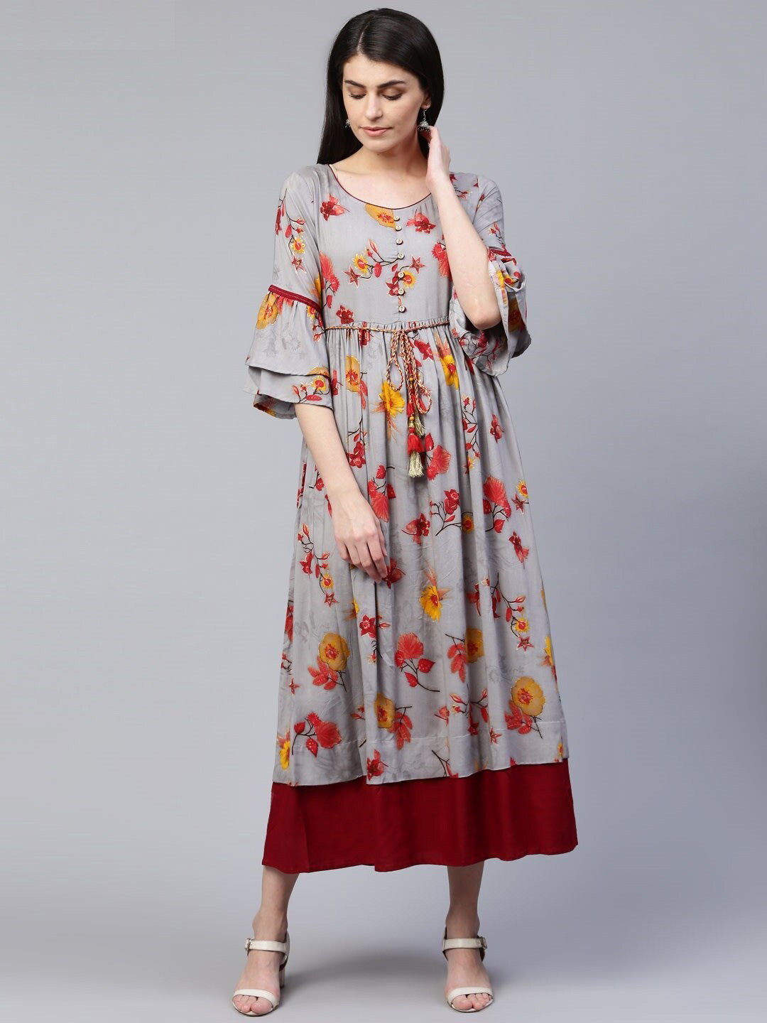 all about you Grey & Red Floral Printed Bell Sleeve Layered Maxi Dress