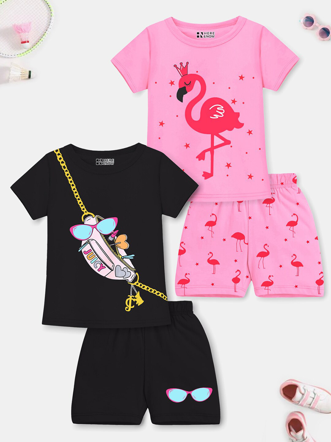 HERE&NOW Black & Pink Pack Of 2 Girls Graphic Printed T-shirt With Shorts