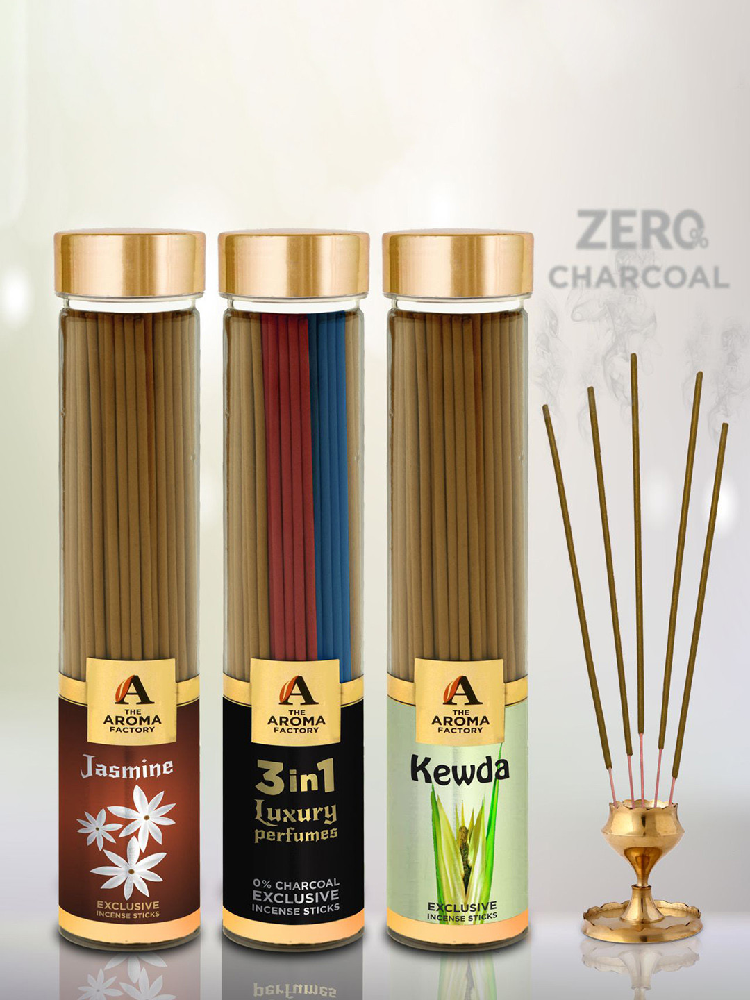The Aroma Factory 3 Pieces Brown Wooden Incense Sticks- Jasmine, 3 in 1, Kewda