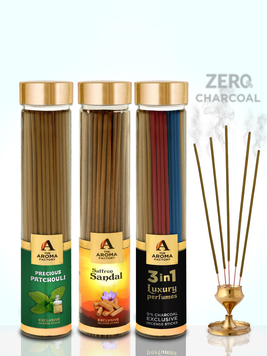 The Aroma Factory Brown 3 Pieces Patchouli, Kesar Chandan, 3 in 1 FragranceIncense Sticks