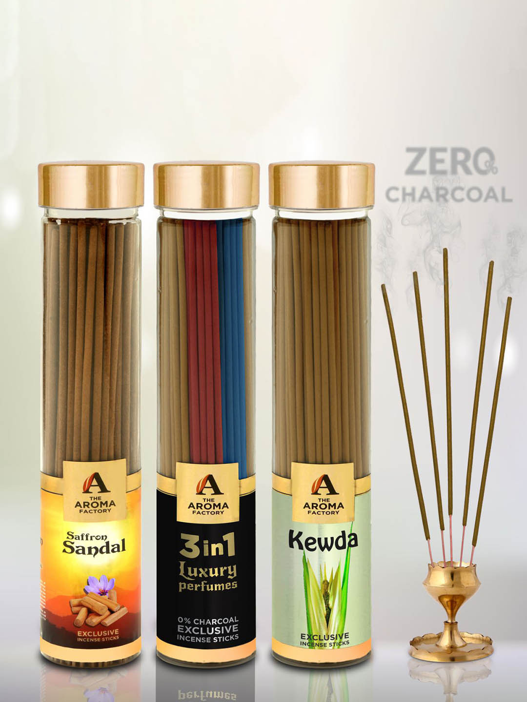The Aroma Factory Brown & Blue 3 Pieces Saffron Sandal-3 In 1 & Kewda Incense Sticks