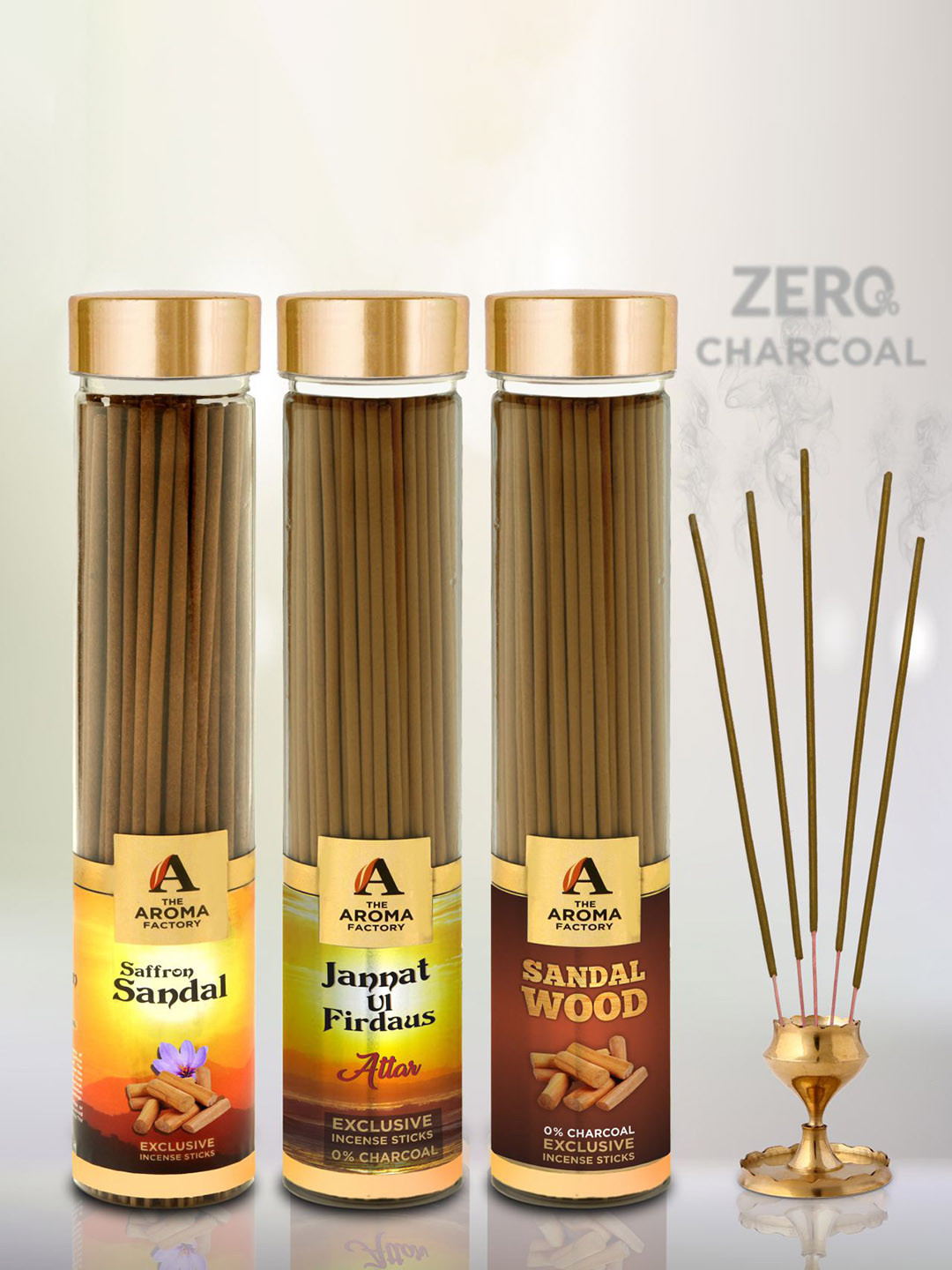 The Aroma Factory Brown 3 Pieces Kesar Chandan- Attar Jannat & Sandalwood Incense Sticks