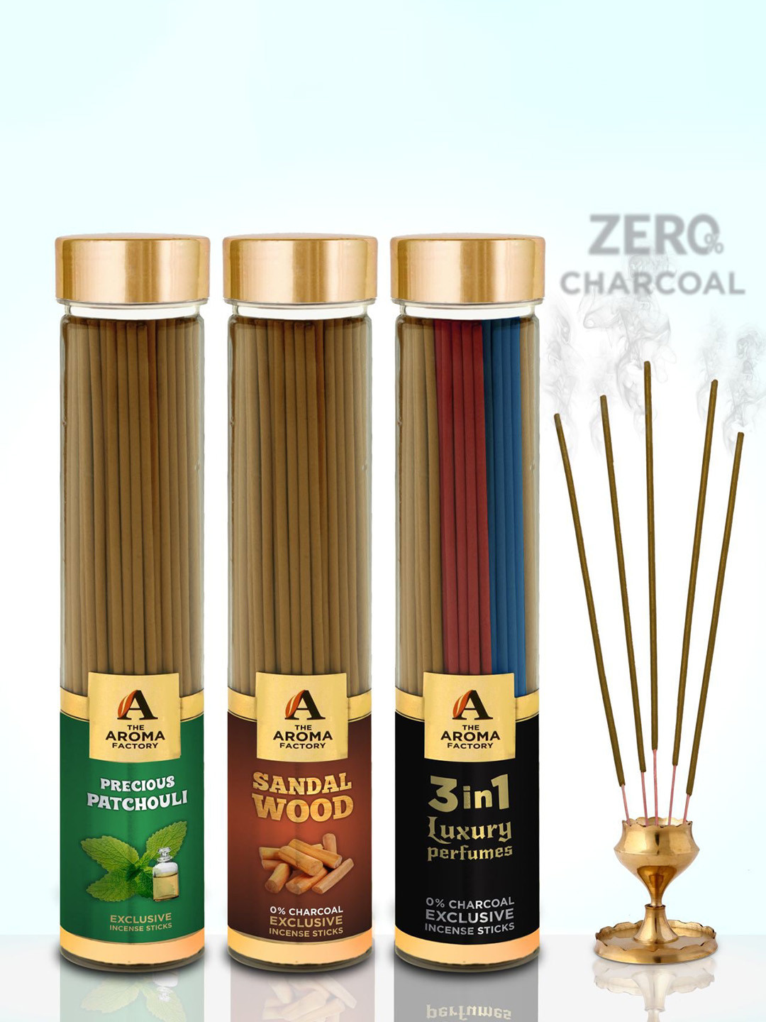The Aroma Factory Brown & Blue 3 Pieces Patchouli- Sandalwood & 3 in 1 Incense Sticks