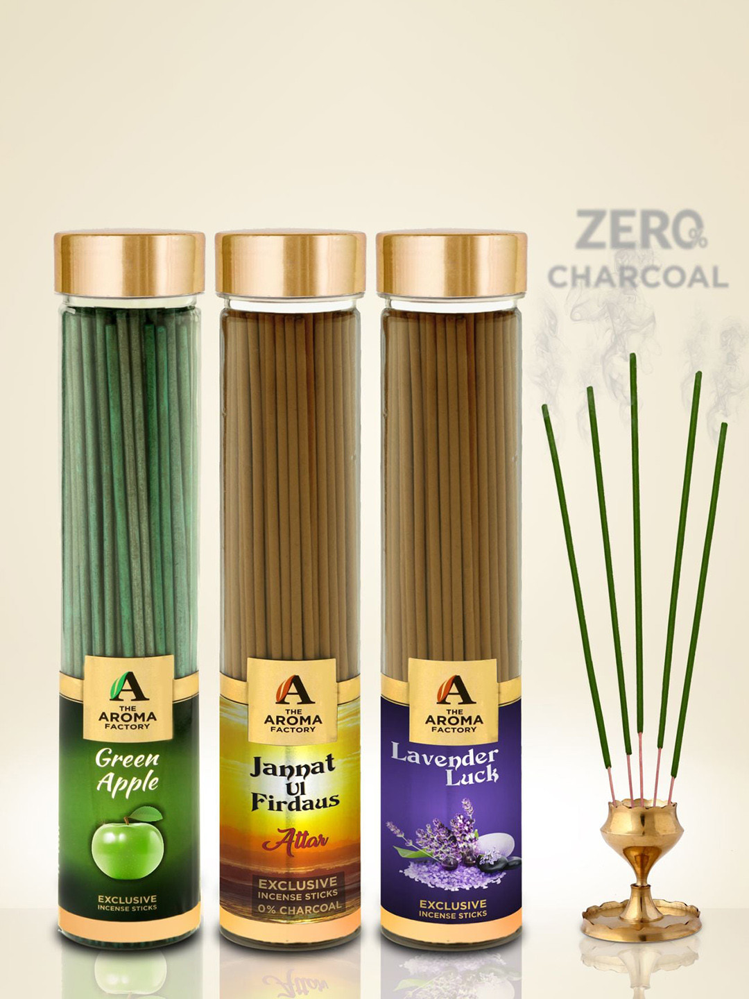 The Aroma Factory Green 3 Pieces Attar, Apple, Lavender Incense Agarbattis