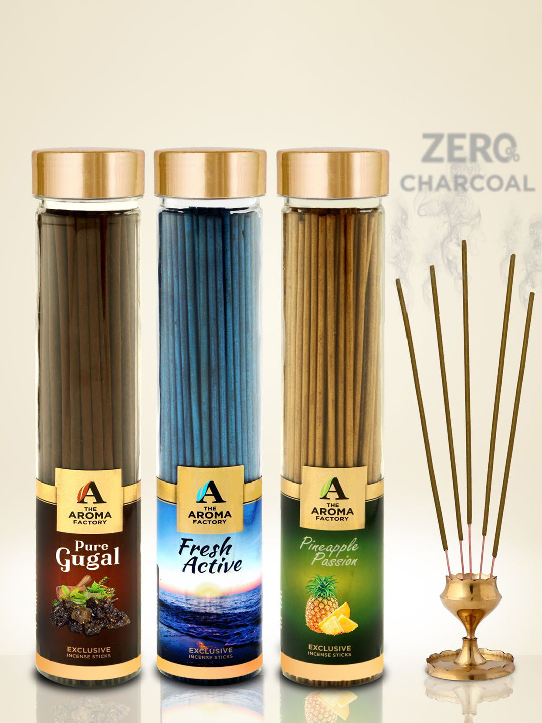 The Aroma Factory Green & Blue 3 Pieces Gugal, Fresh Active, Pineapple Incense Agarbattis