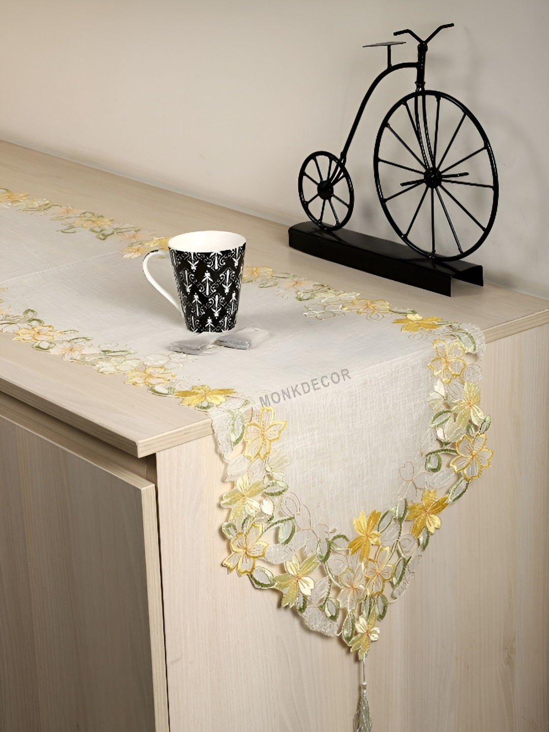 MONKDECOR White & Yellow Embroidered Table Runner