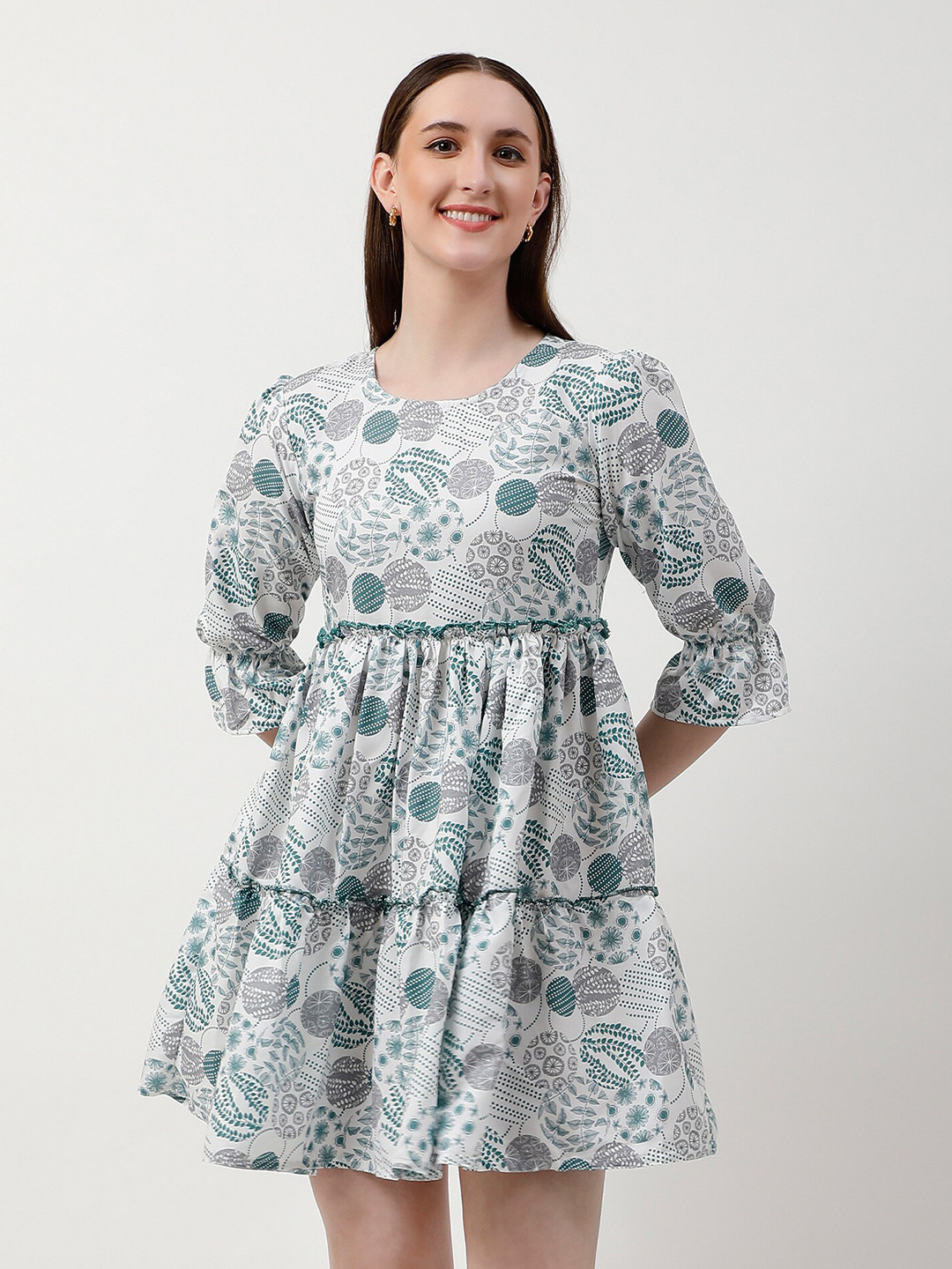 LVOVA Floral Printed Puff Sleeve Crepe Fit & Flare Dress