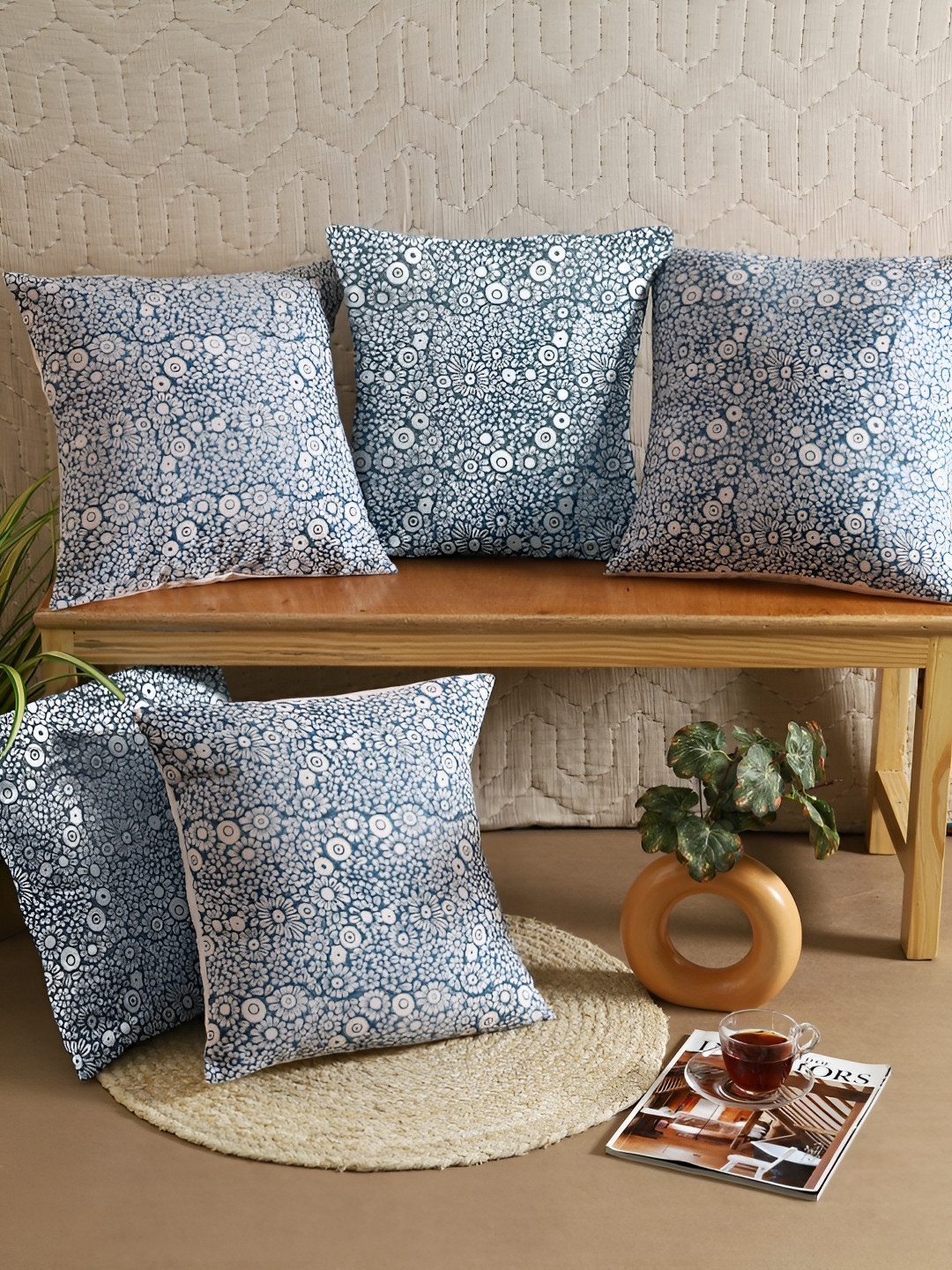 Aura Light-Weight Blue Floral Polyester Silk Breathable 5 Pcs Cushion Covers -16x16In