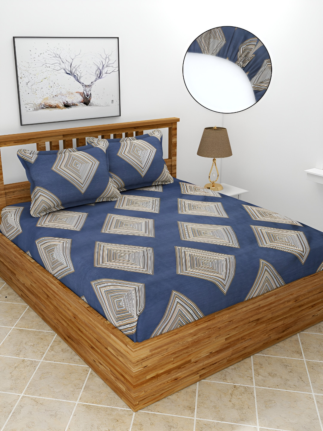 MORADO Maple Blue Geometric Polycotton 210 TC Fitted Queen Fine Bedsheet with 2 Pillow Covers-78 x 72 inches