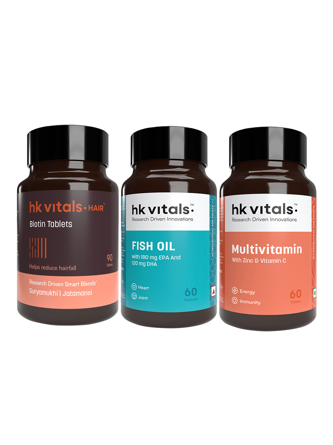 HK VITALS Multivitamin Tablets-60 Tablets-Fish Oil Capsules-60 Capsules-Biotin-90 Tablets